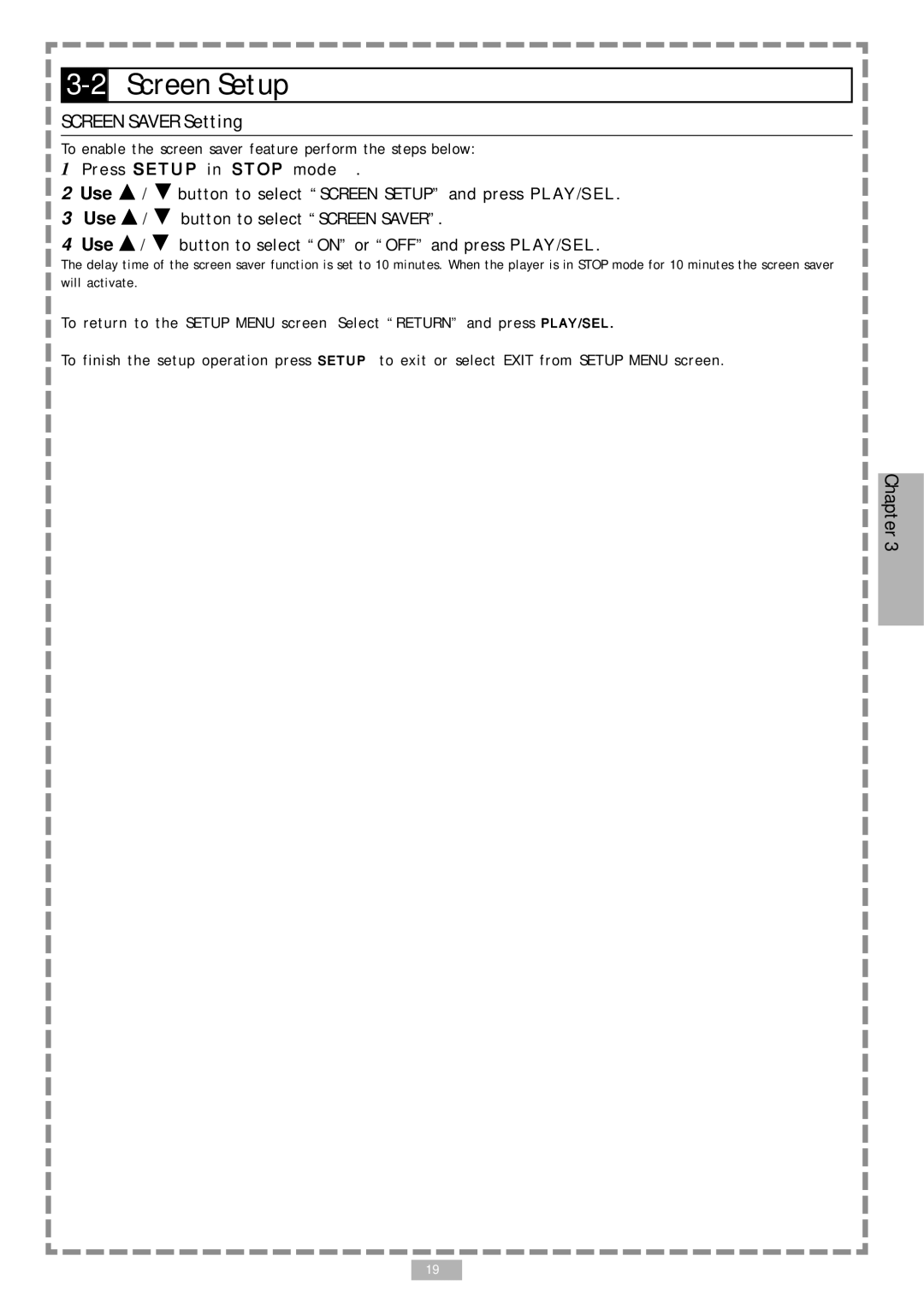 Audiovox D1710 user manual 2Screen Setup, Screen Saver Setting 