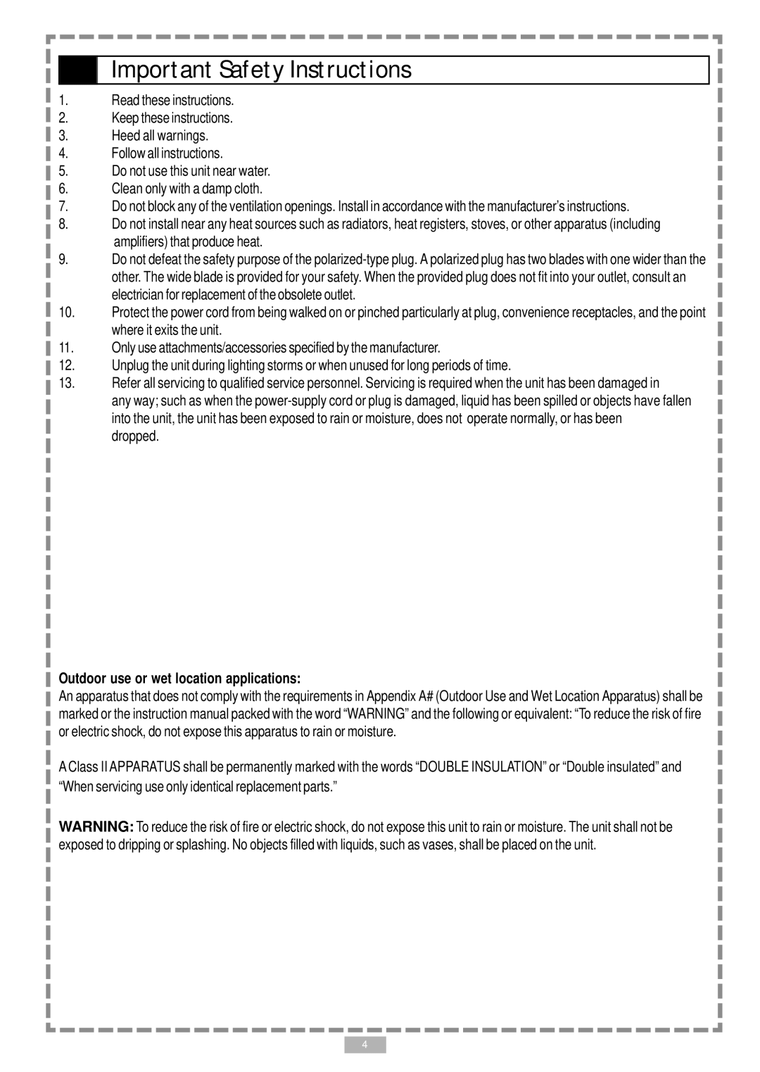 Audiovox D1710 user manual Important Safety Instructions, Outdoor use or wet location applications 