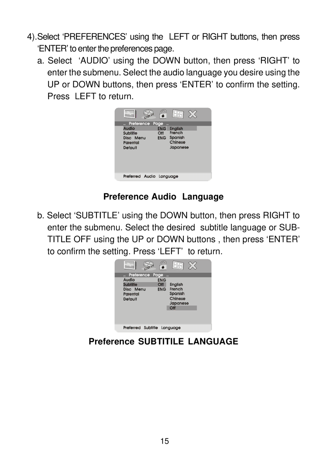 Audiovox D1712 manual Preference Audio Language, Preference Subtitile Language 