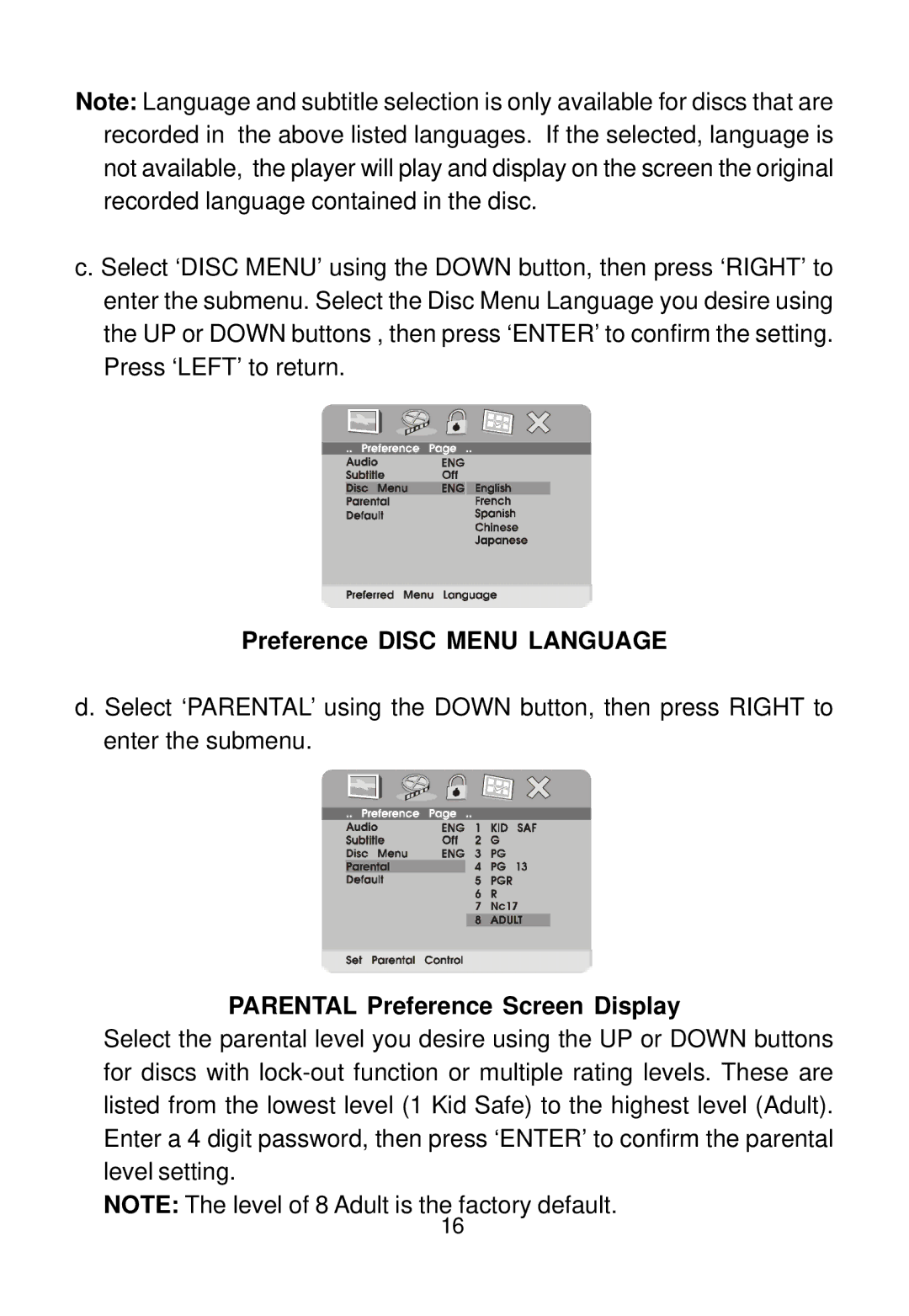 Audiovox D1712 manual Preference Disc Menu Language, Parental Preference Screen Display 