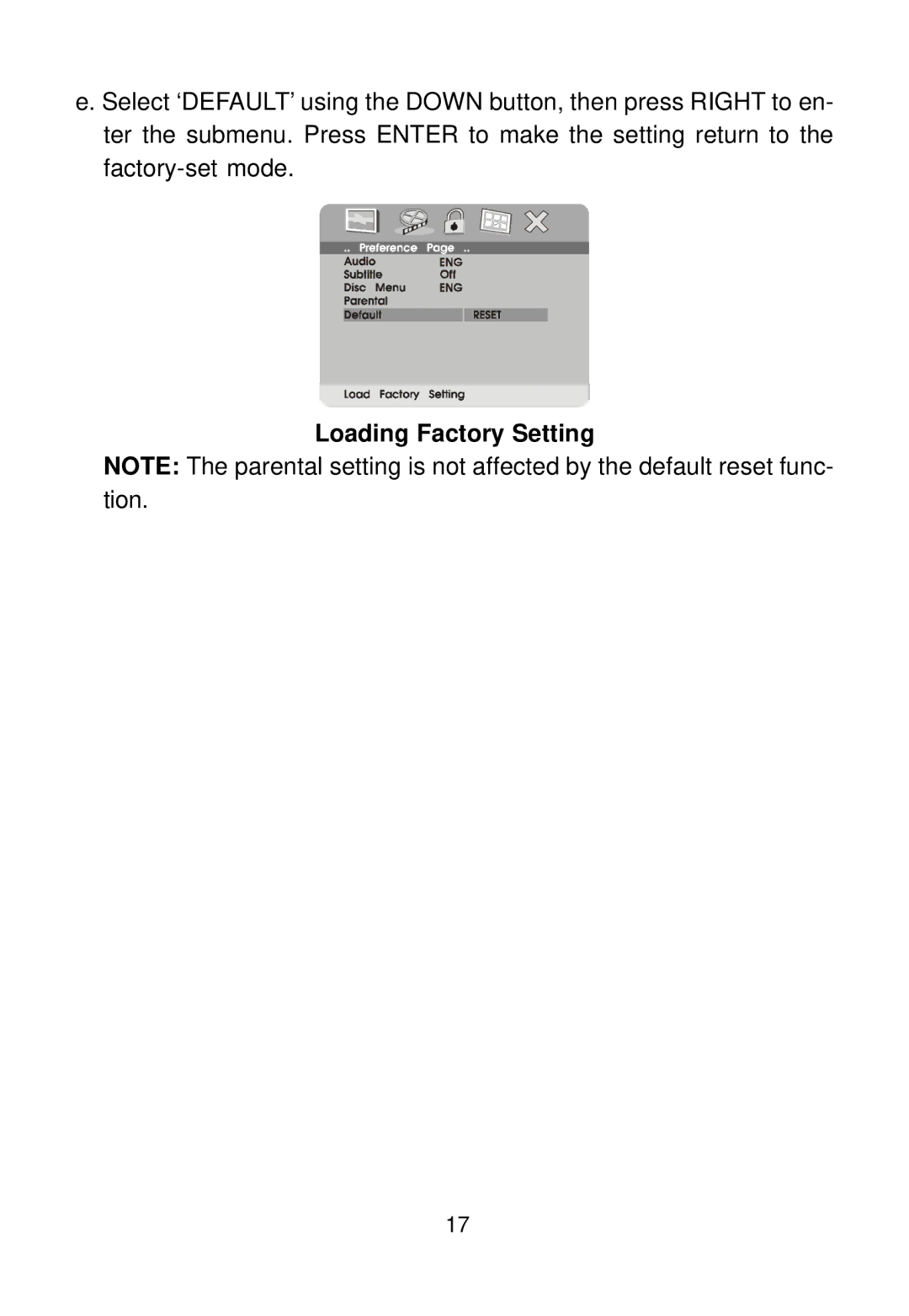 Audiovox D1712 manual Loading Factory Setting 