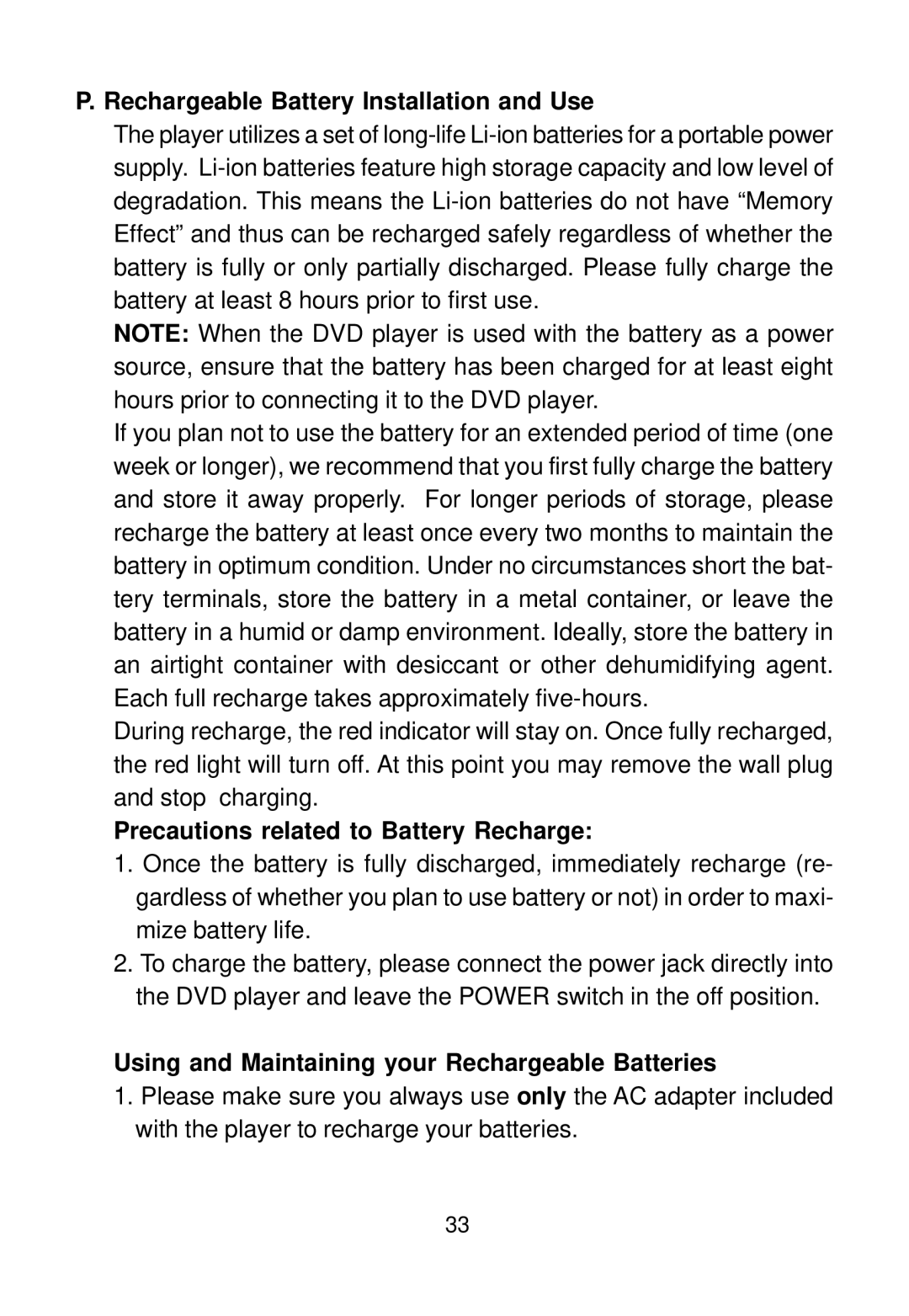 Audiovox D1712 manual Rechargeable Battery Installation and Use, Precautions related to Battery Recharge 