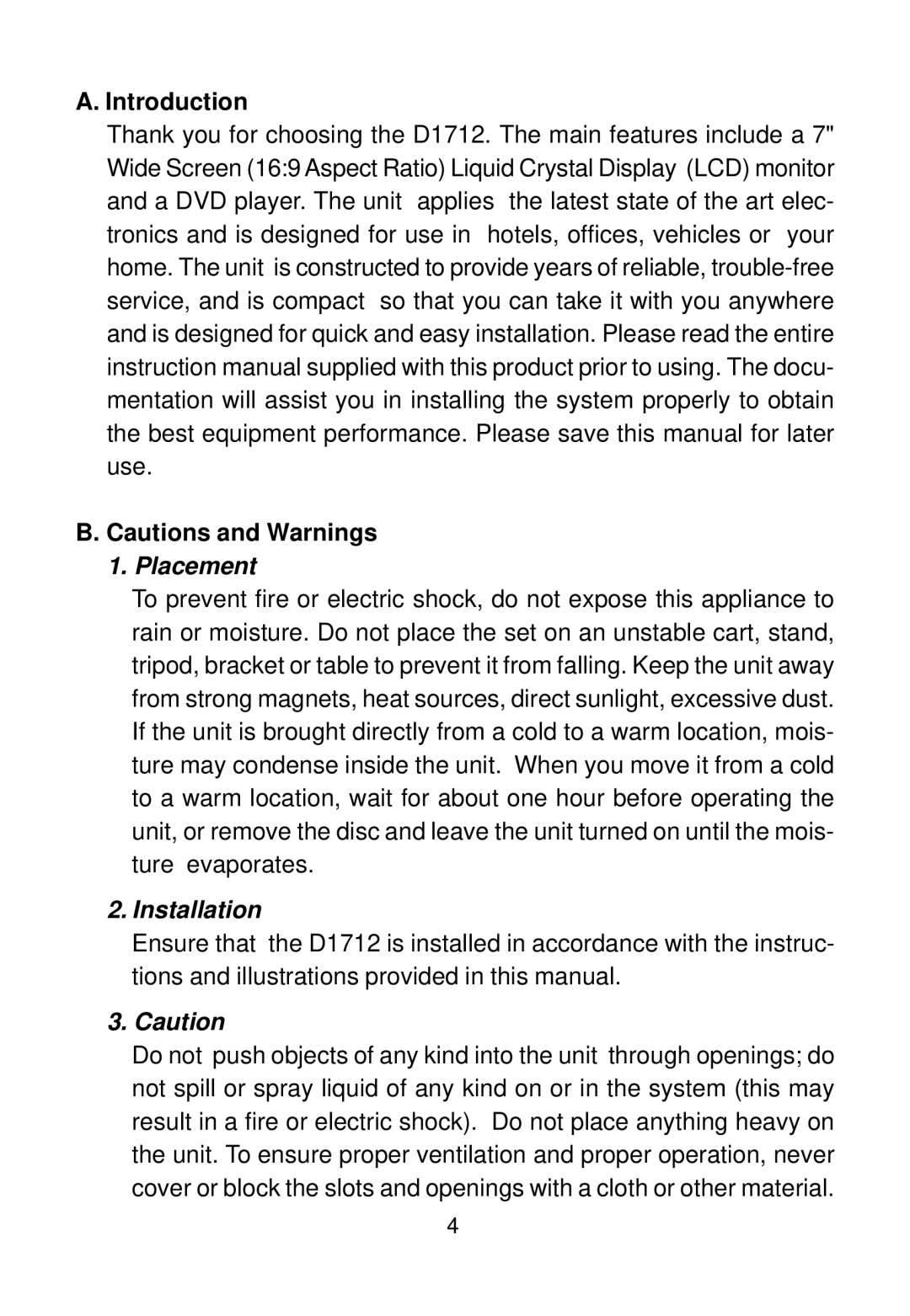 Audiovox D1712 manual Introduction, Placement 