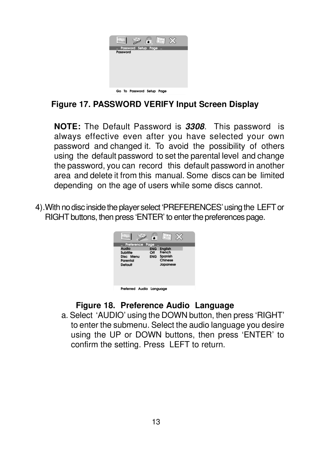 Audiovox D1718 manual Password Verify Input Screen Display 