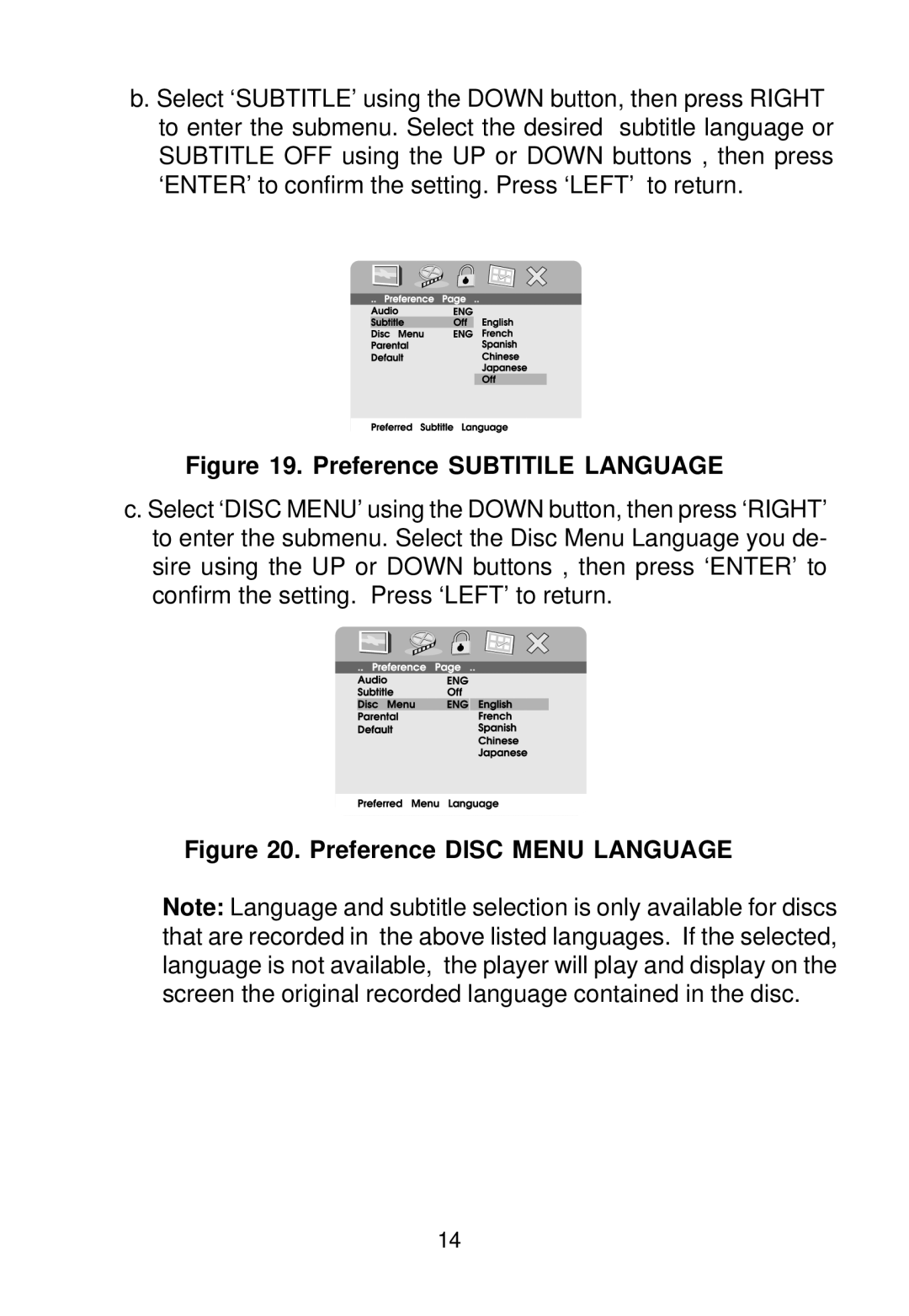 Audiovox D1718 manual Preference Subtitile Language 