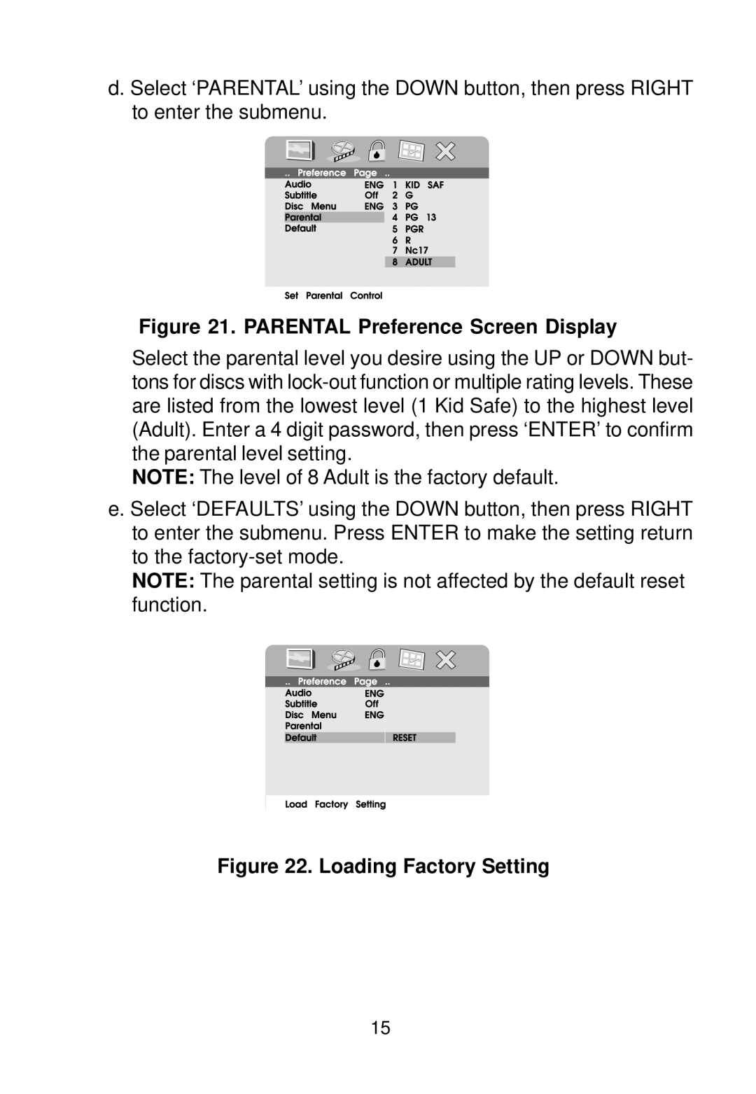 Audiovox D1718 manual Parental Preference Screen Display 