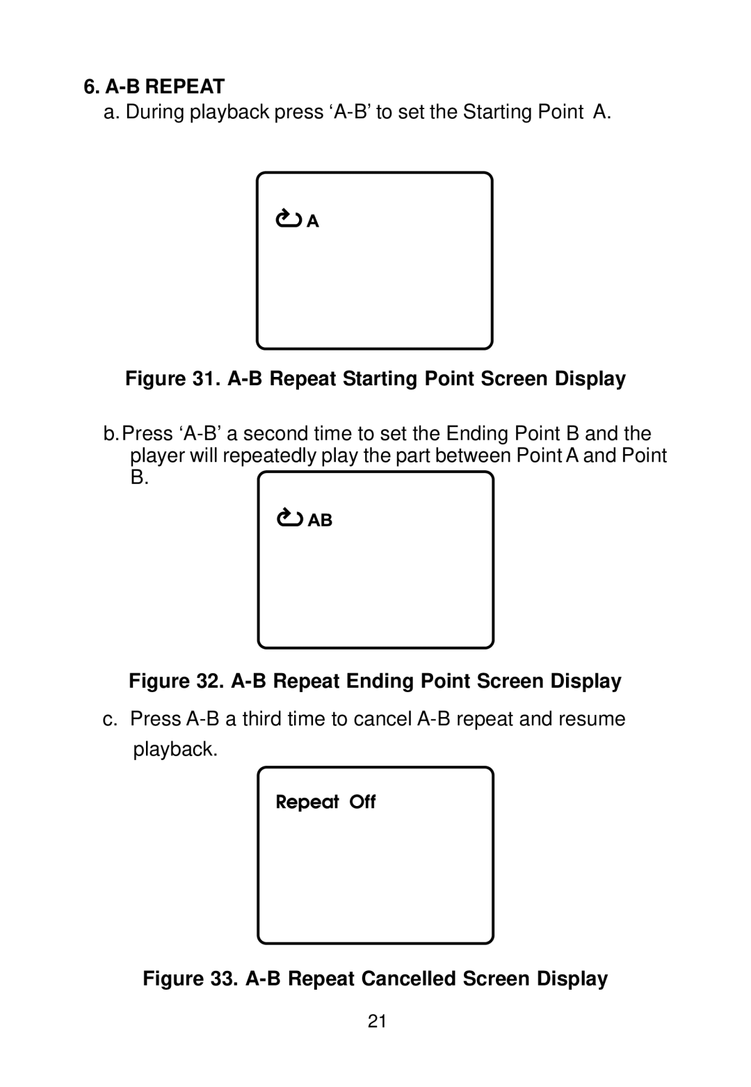 Audiovox D1718 manual B Repeat Starting Point Screen Display 
