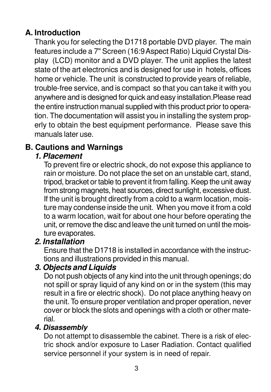 Audiovox D1718 manual Introduction, Placement 