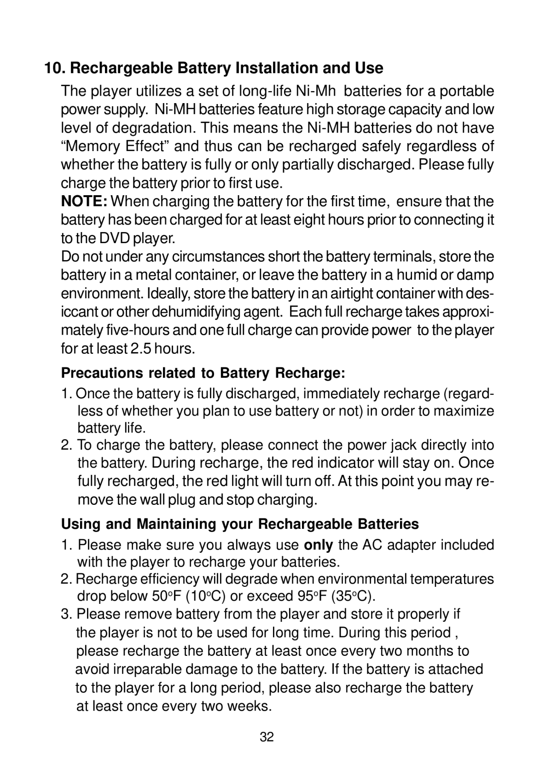 Audiovox D1718 manual Rechargeable Battery Installation and Use, Precautions related to Battery Recharge 