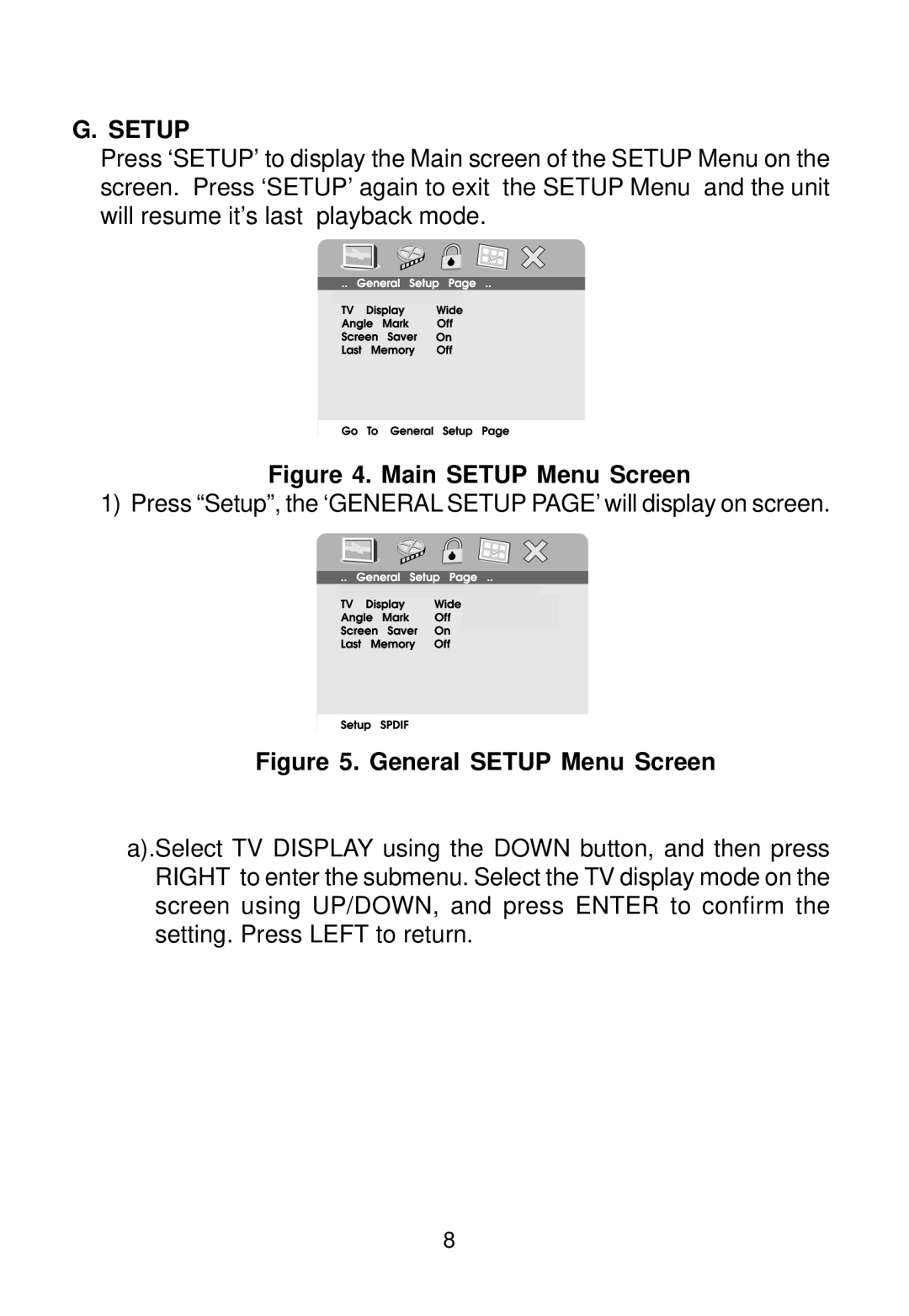 Audiovox D1718 manual Main Setup Menu Screen 