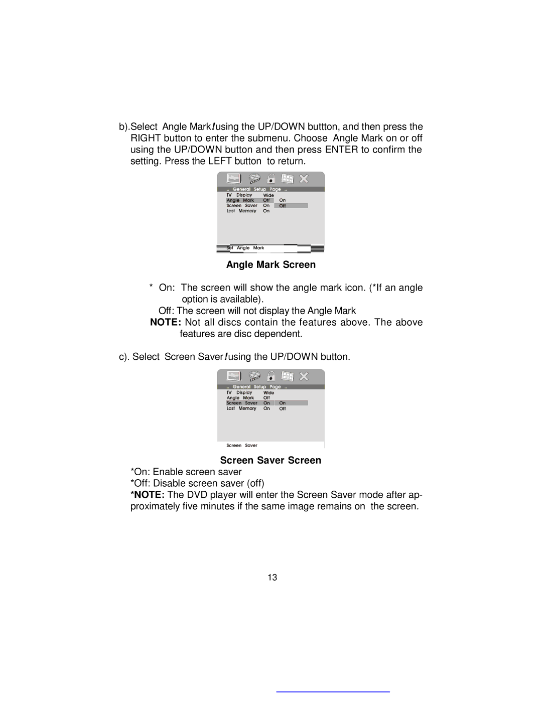 Audiovox D1718ES manual Angle Mark Screen, Screen Saver Screen 