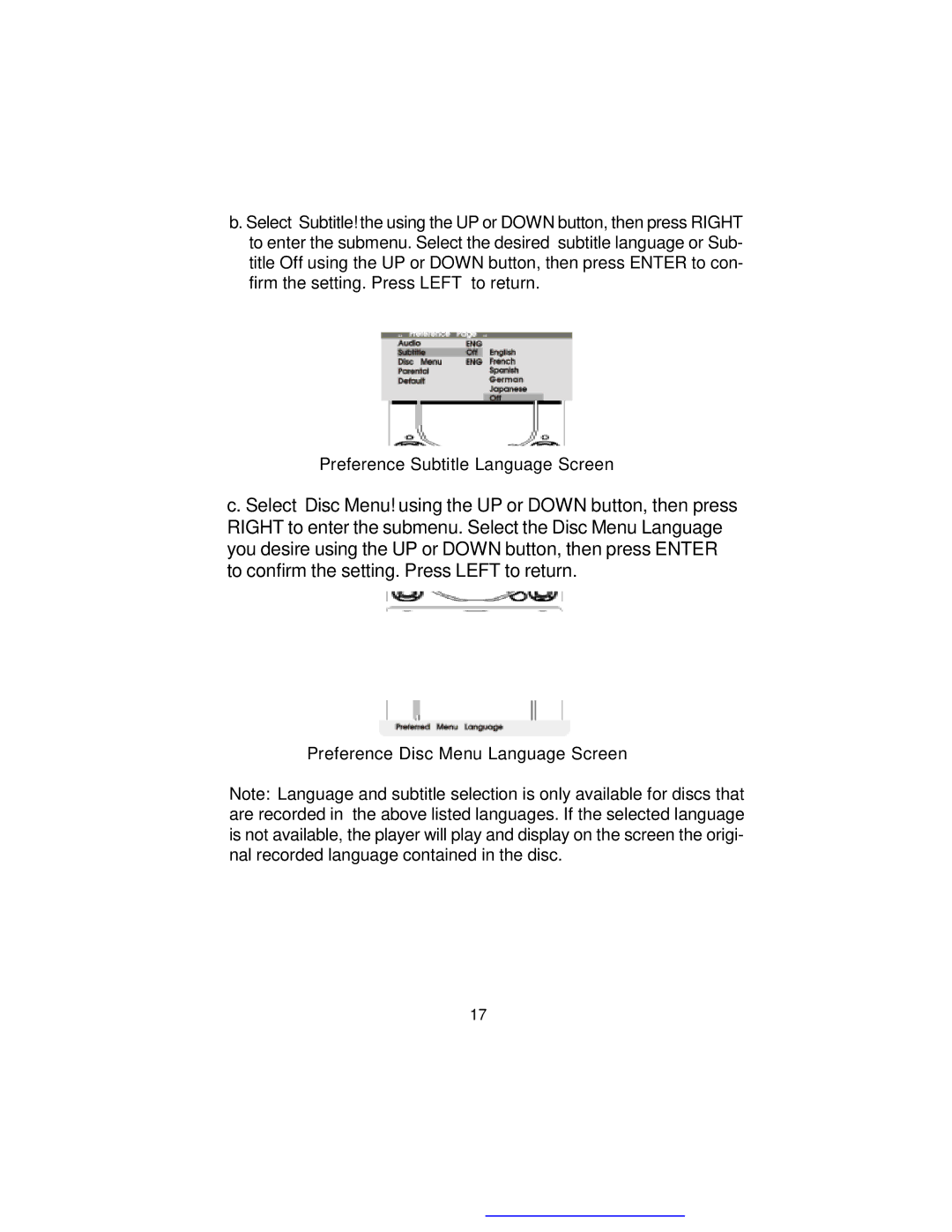 Audiovox D1718ES manual Preference Subtitle Language Screen, Preference Disc Menu Language Screen 