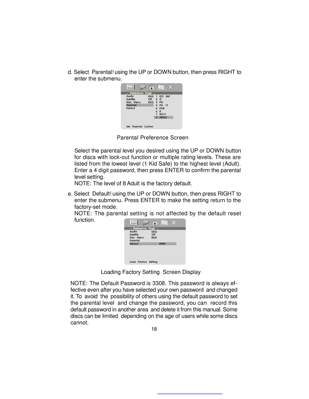 Audiovox D1718ES manual Parental Preference Screen, Loading Factory Setting Screen Display 