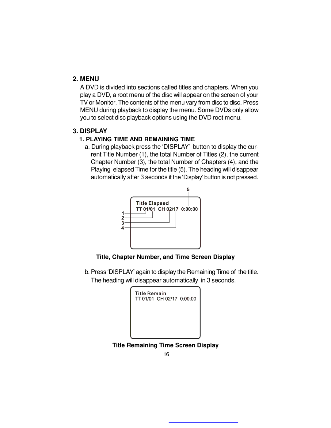 Audiovox D1718ES manual Menu, Playing Time and Remaining Time, Title, Chapter Number, and Time Screen Display 