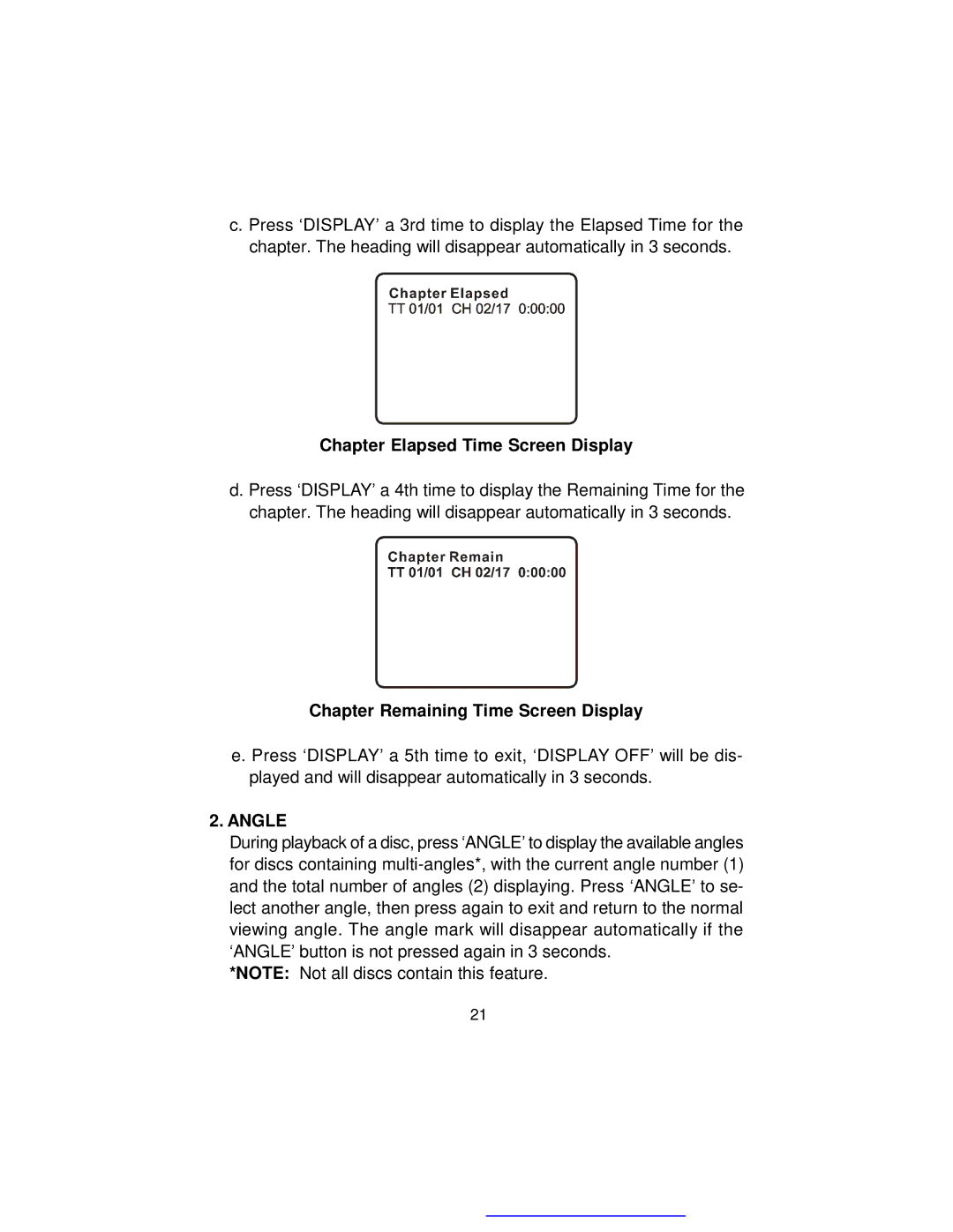 Audiovox D1718ES manual Chapter Elapsed Time Screen Display, Chapter Remaining Time Screen Display, Angle 