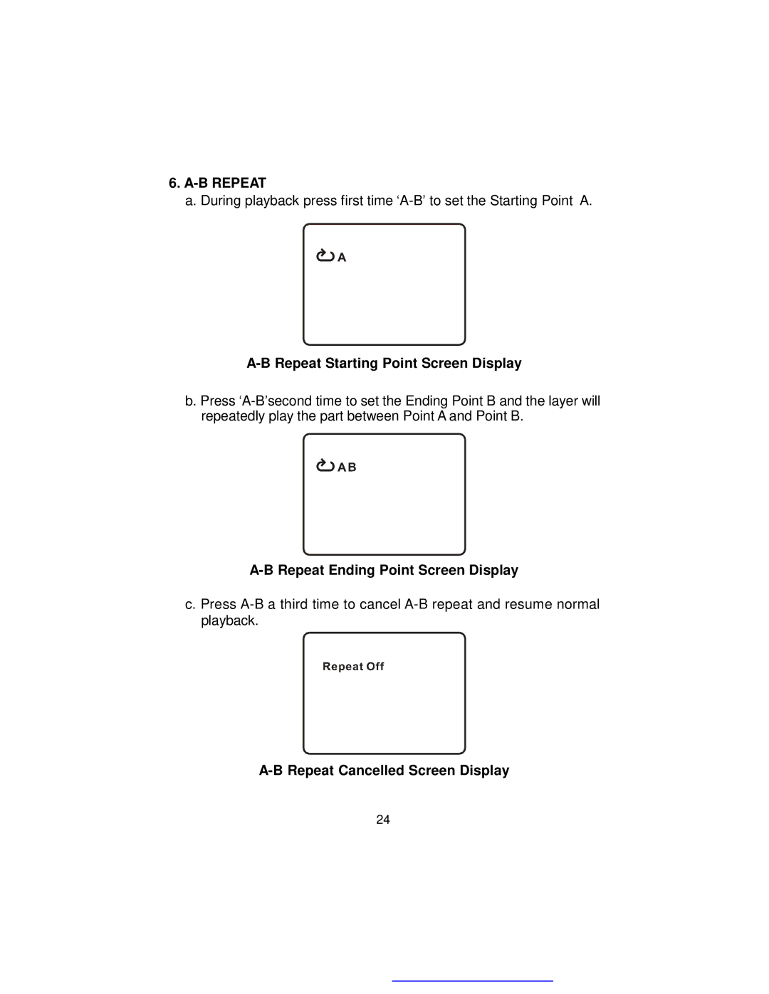 Audiovox D1718ES manual B Repeat, Repeat Starting Point Screen Display, Repeat Ending Point Screen Display 
