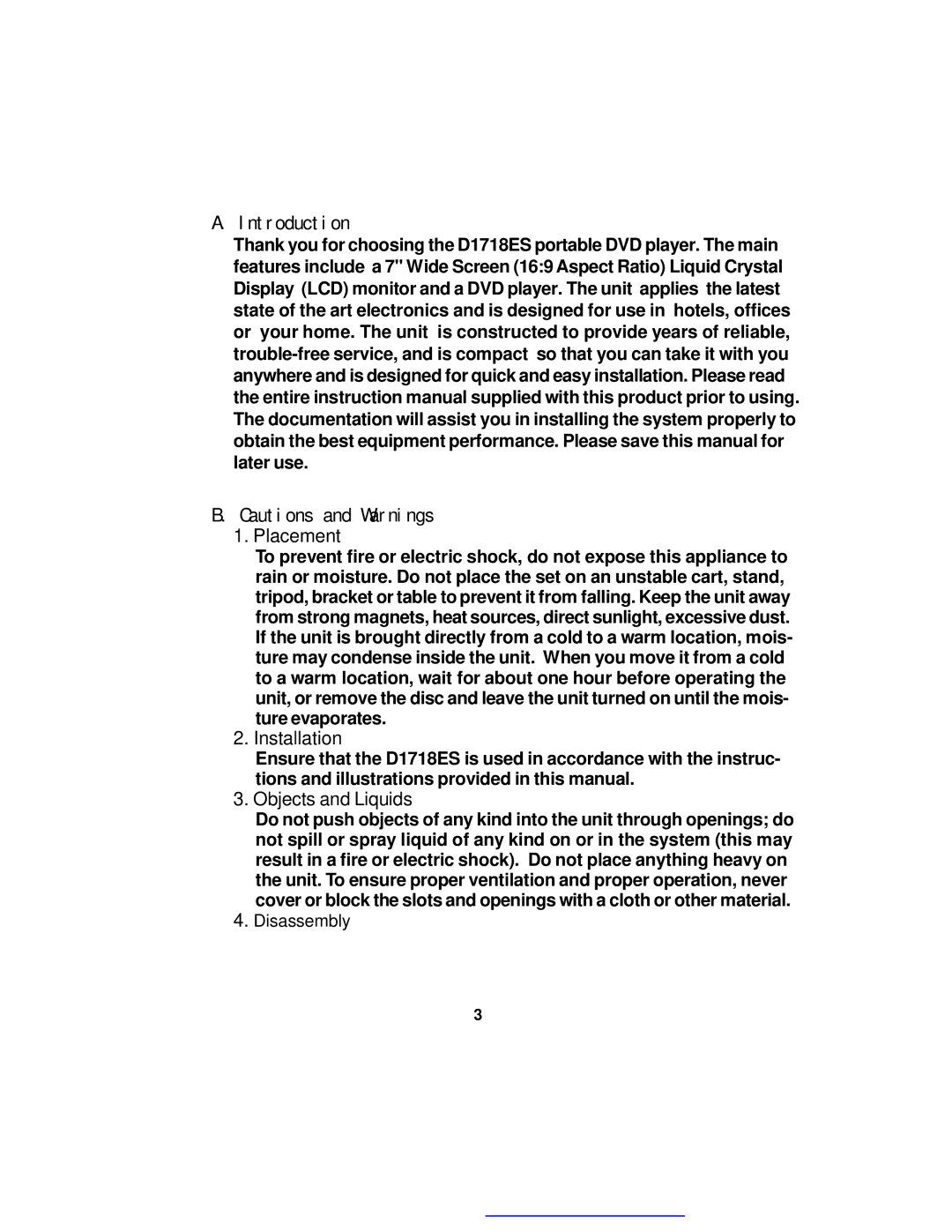 Audiovox D1718ES manual Introduction, Placement 