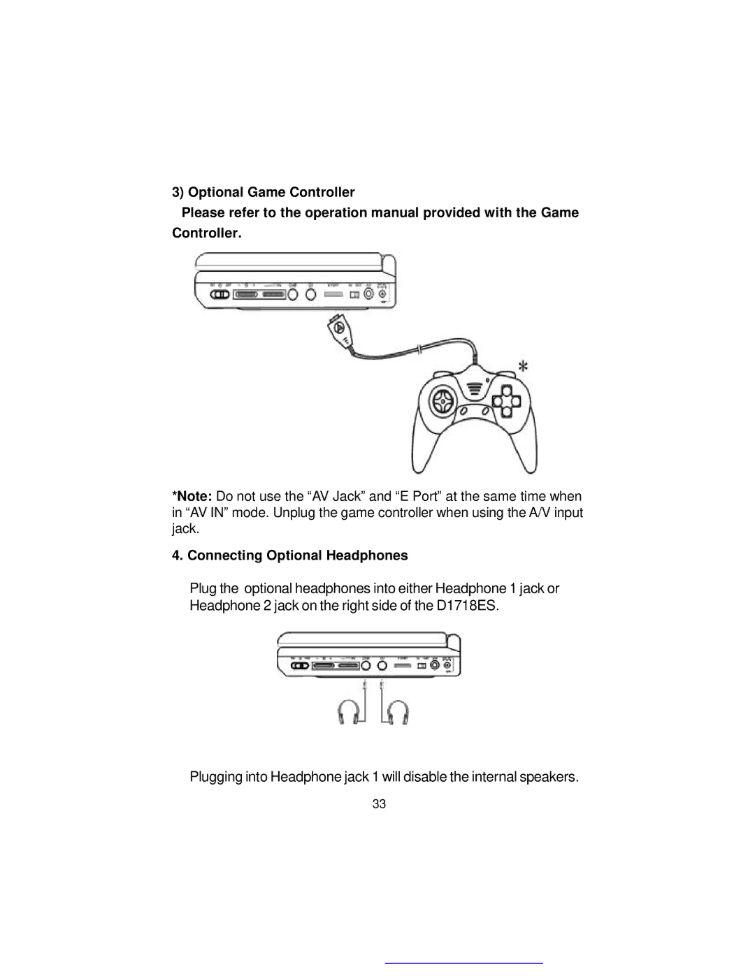 Audiovox D1718ES manual Optional Game Controller Connecting Optional Headphones 