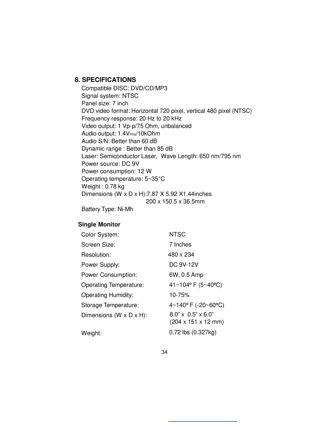 Audiovox D1718ES manual Specifications, Single Monitor 