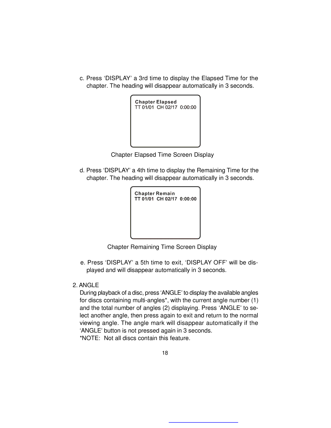 Audiovox D1718PK manual Chapter Elapsed Time Screen Display, Chapter Remaining Time Screen Display, Angle 