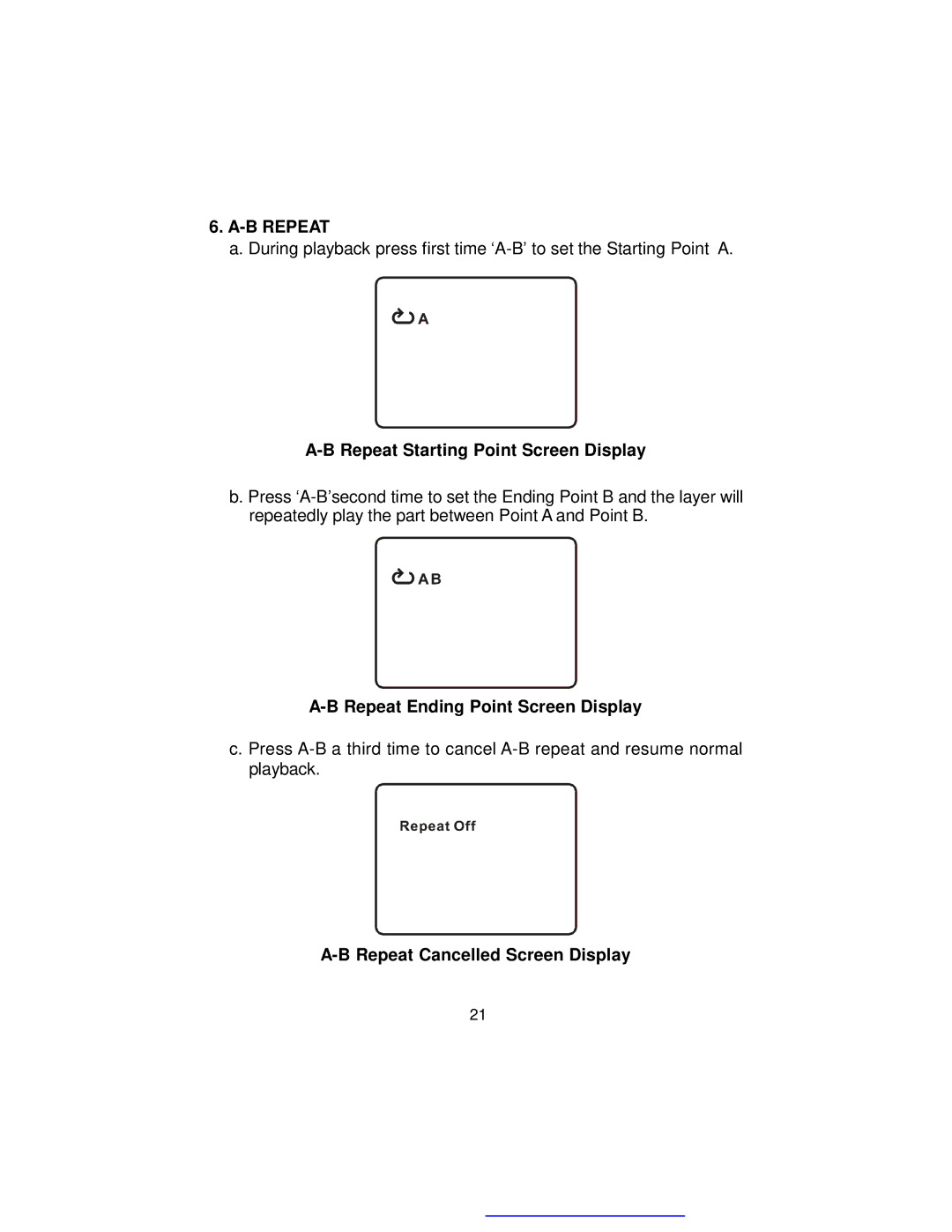 Audiovox D1718PK manual B Repeat, Repeat Starting Point Screen Display, Repeat Ending Point Screen Display 