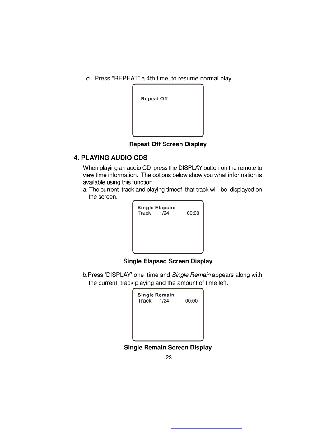 Audiovox D1718PK manual Repeat Off Screen Display, Single Elapsed Screen Display, Single Remain Screen Display 