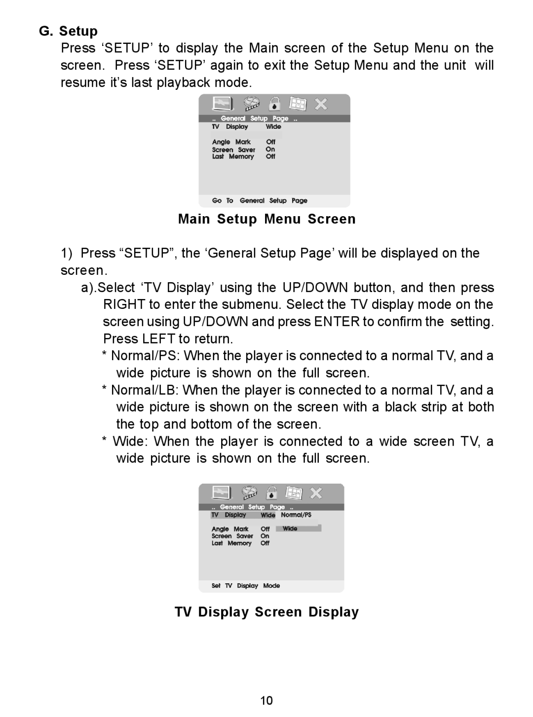 Audiovox D1726 manual Main Setup Menu Screen, TV Display Screen Display 