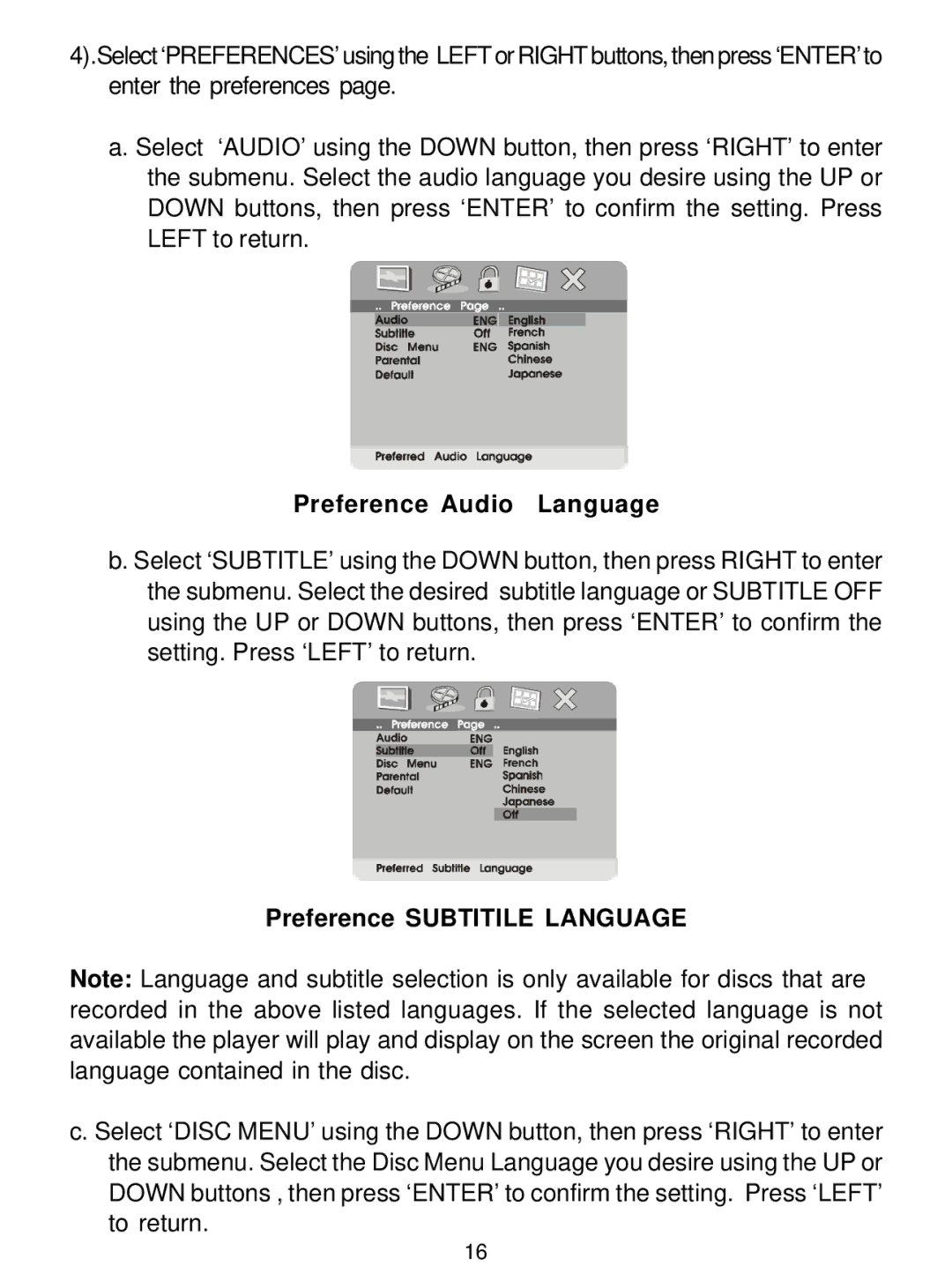 Audiovox D1726 manual Preference Audio Language, Preference Subtitile Language 