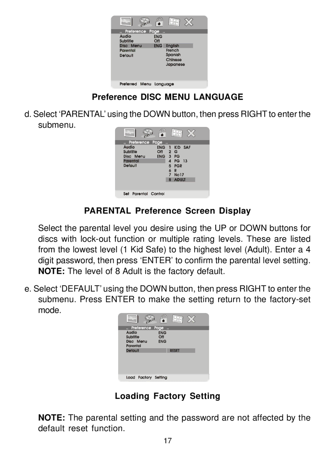 Audiovox D1726 manual Preference Disc Menu Language, Parental Preference Screen Display, Loading Factory Setting 