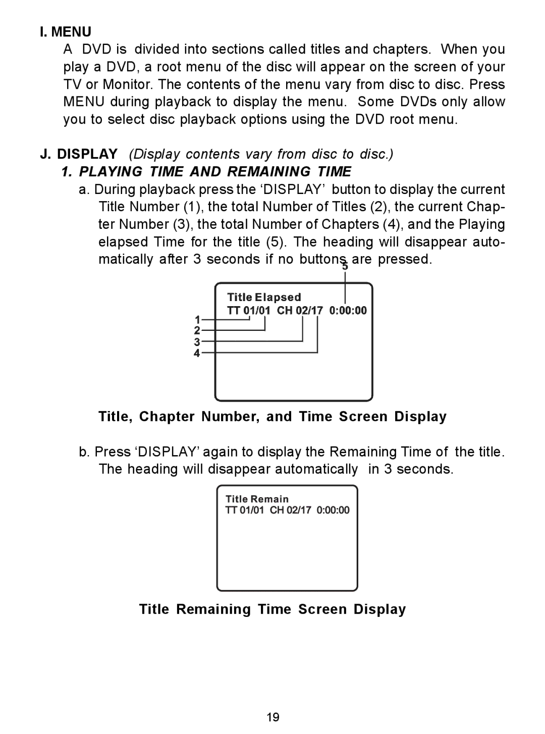 Audiovox D1726 manual Title, Chapter Number, and Time Screen Display, Title Remaining Time Screen Display 