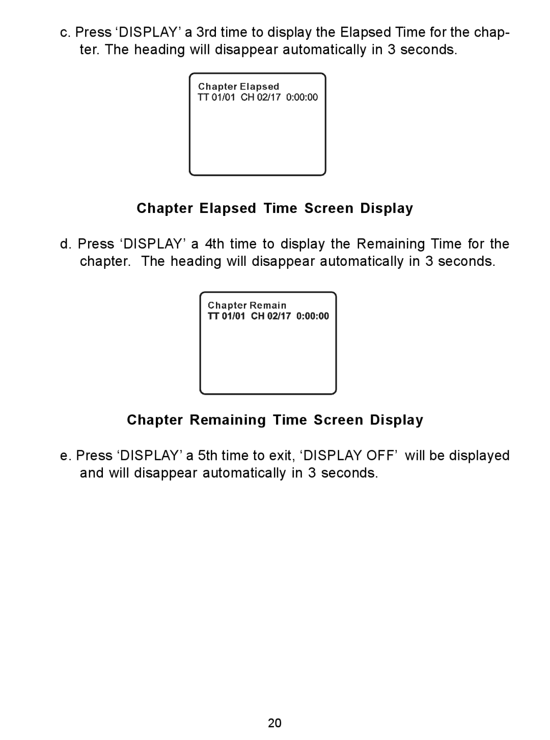 Audiovox D1726 manual Chapter Elapsed Time Screen Display, Chapter Remaining Time Screen Display 