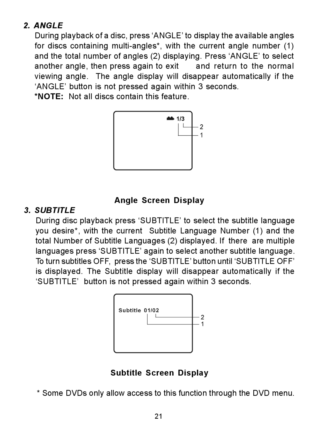 Audiovox D1726 manual Angle Screen Display, Subtitle Screen Display 