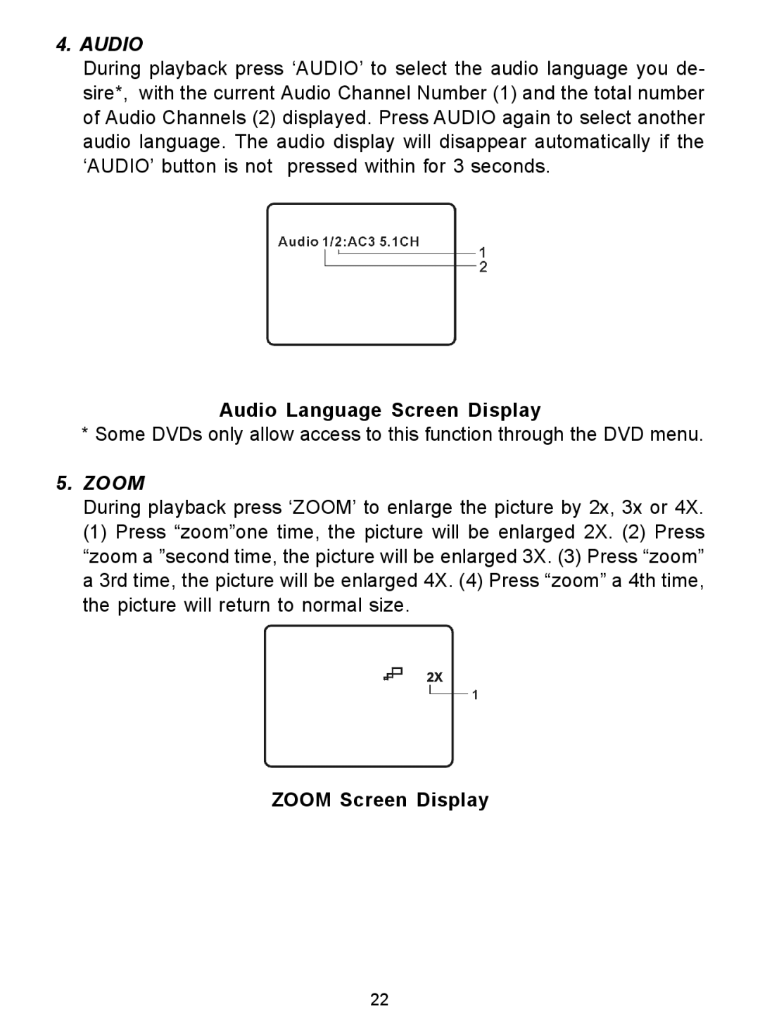 Audiovox D1726 manual Audio Language Screen Display, Zoom Screen Display 