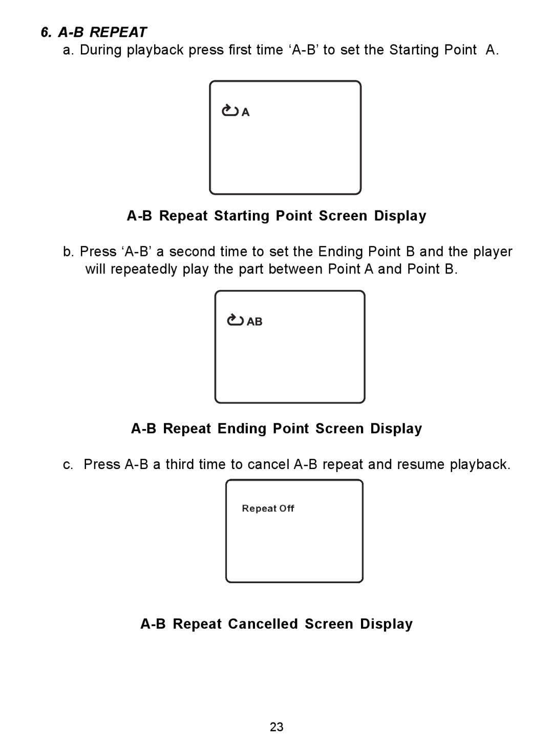 Audiovox D1726 Repeat Starting Point Screen Display, Repeat Ending Point Screen Display, Repeat Cancelled Screen Display 