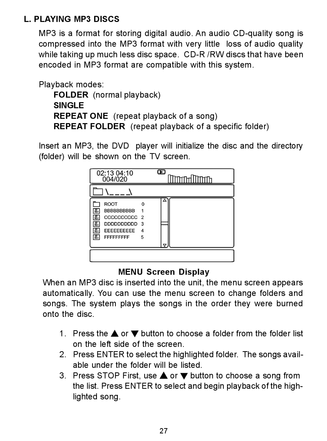 Audiovox D1726 manual Playing MP3 Discs, Menu Screen Display 