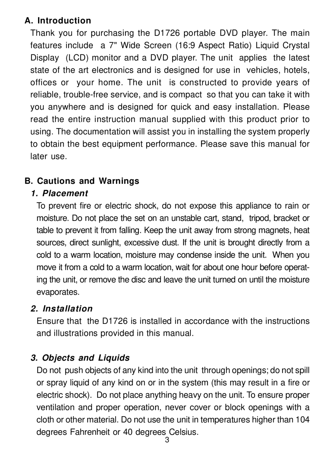 Audiovox D1726 manual Introduction, Placement 