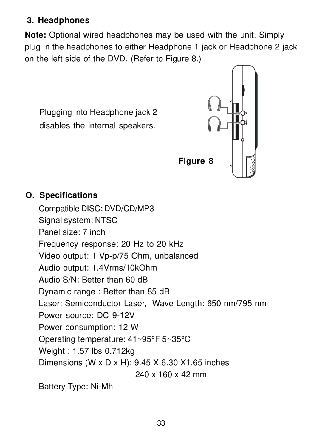 Audiovox D1726 manual Headphones, Specifications 