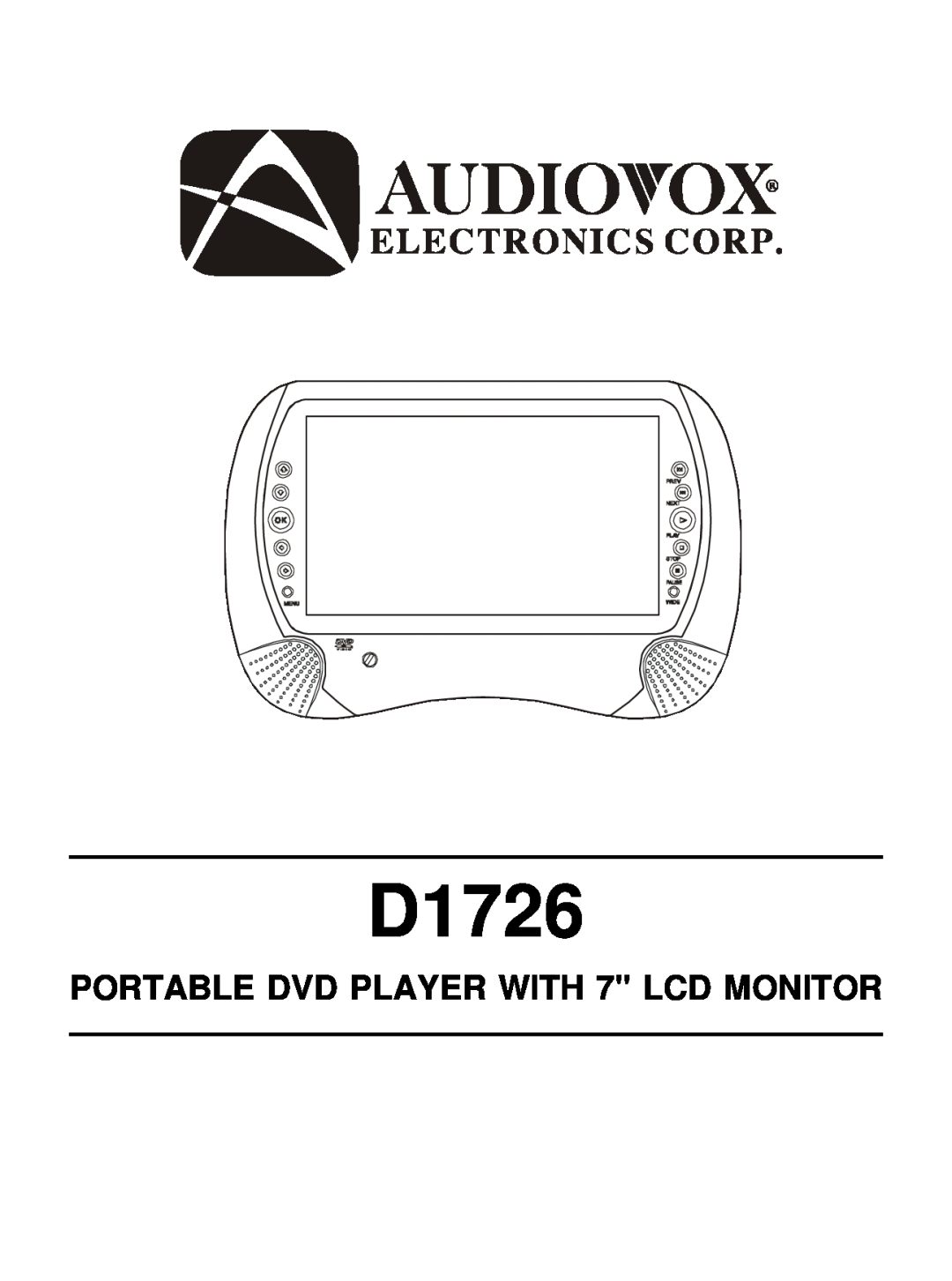 Audiovox D1726 manual PORTABLE DVD PLAYER WITH 7 LCD MONITOR 