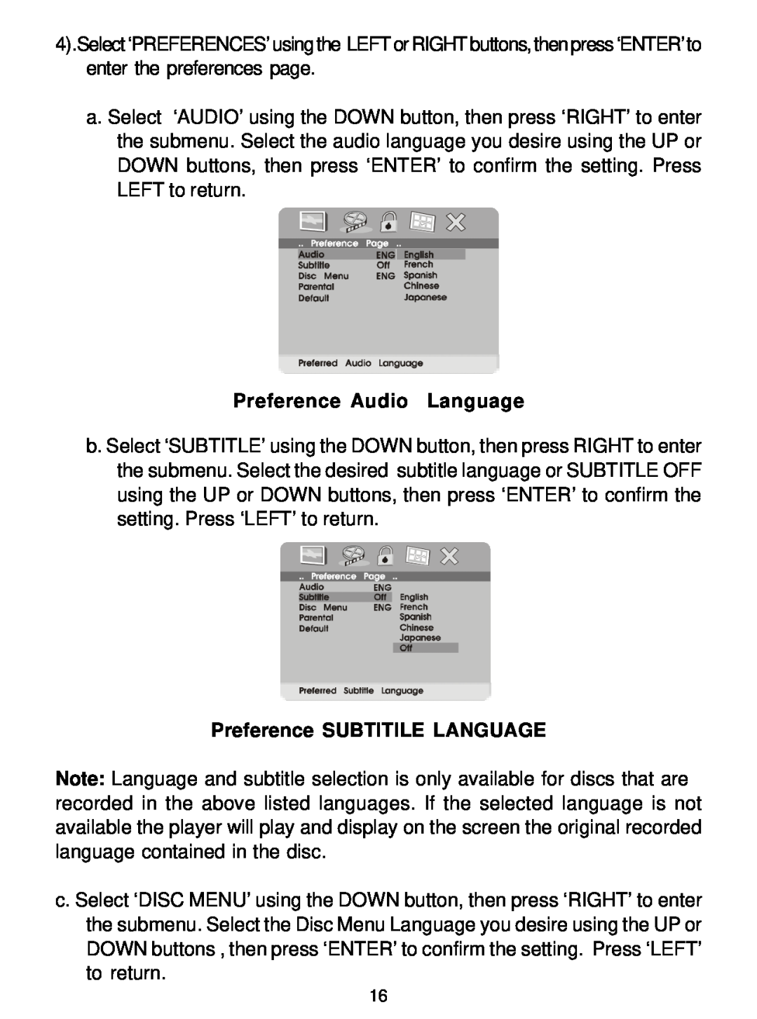 Audiovox D1726 manual Preference Audio Language, Preference SUBTITILE LANGUAGE 