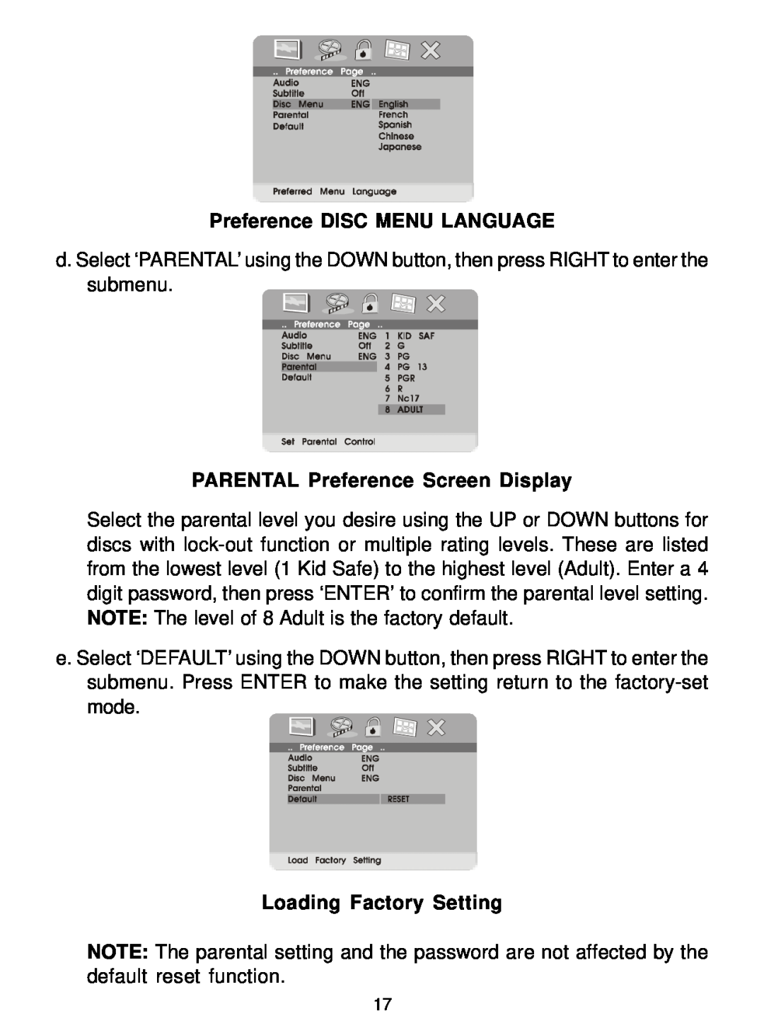 Audiovox D1726 manual Preference DISC MENU LANGUAGE, PARENTAL Preference Screen Display, Loading Factory Setting 