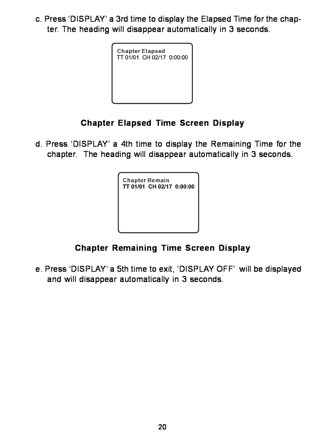 Audiovox D1726 manual Chapter Elapsed Time Screen Display, Chapter Remaining Time Screen Display 
