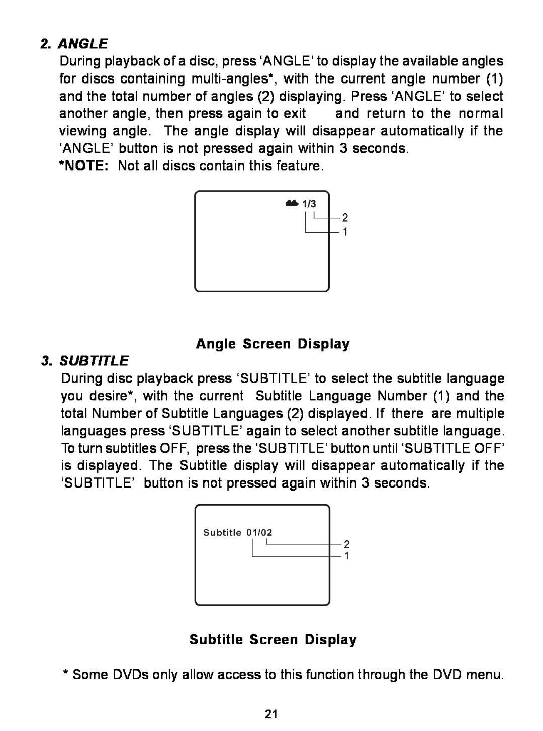 Audiovox D1726 manual Angle Screen Display, Subtitle Screen Display 
