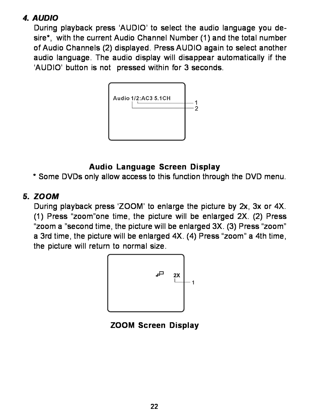 Audiovox D1726 manual Audio Language Screen Display, Zoom, ZOOM Screen Display 