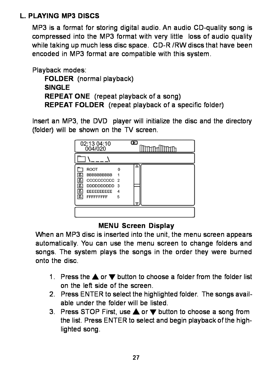 Audiovox D1726 manual L. PLAYING MP3 DISCS, Single, MENU Screen Display 