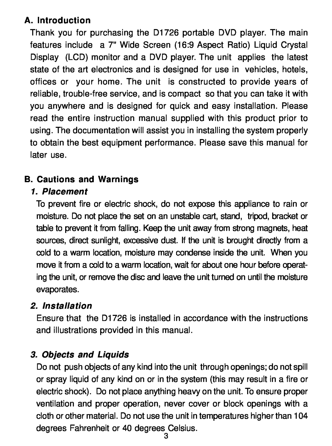 Audiovox D1726 manual A. Introduction, B. Cautions and Warnings, Placement, Installation, Objects and Liquids 