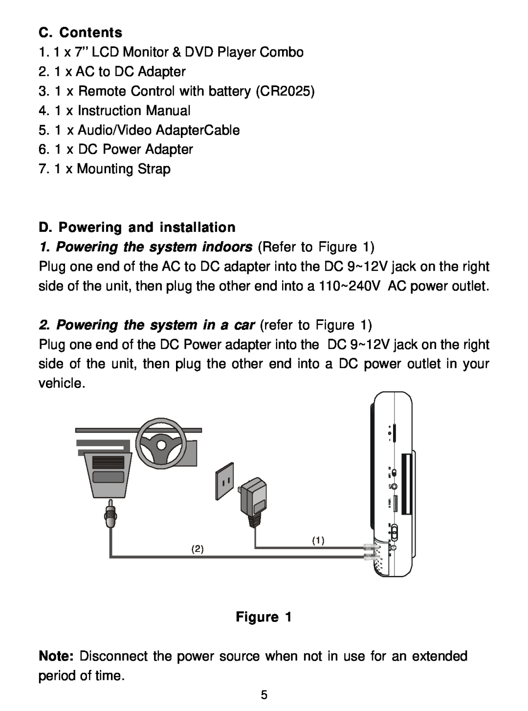Audiovox D1726 manual C. Contents, D. Powering and installation, Powering the system indoors Refer to Figure 