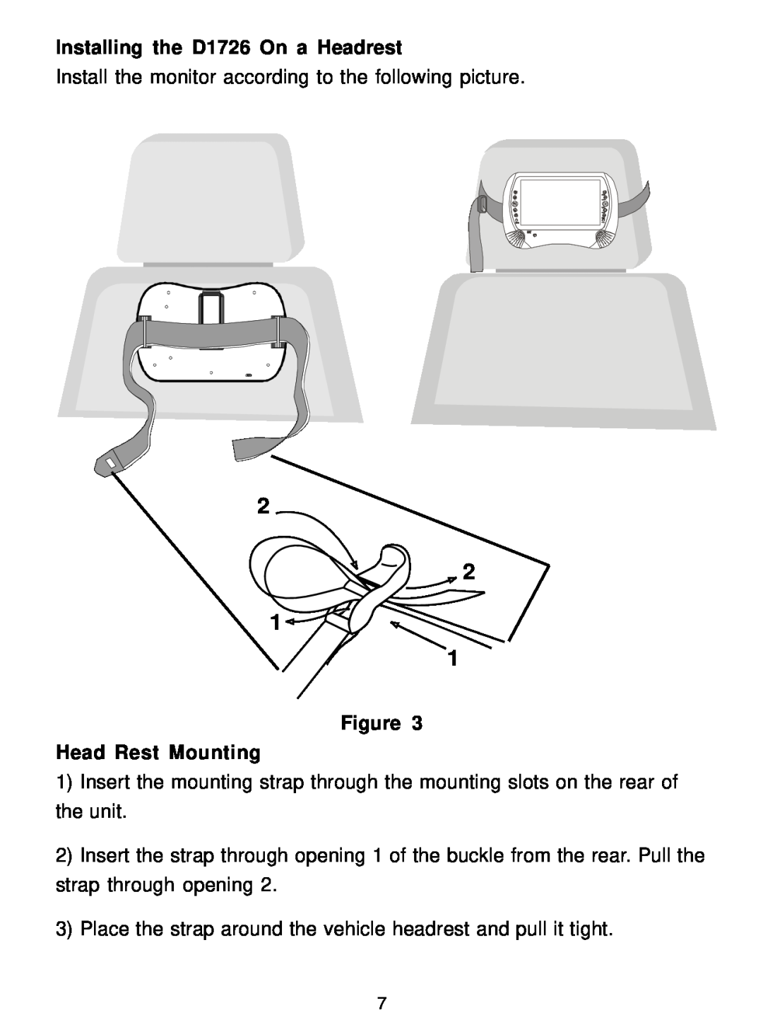 Audiovox Installing the D1726 On a Headrest, Install the monitor according to the following picture, Head Rest Mounting 