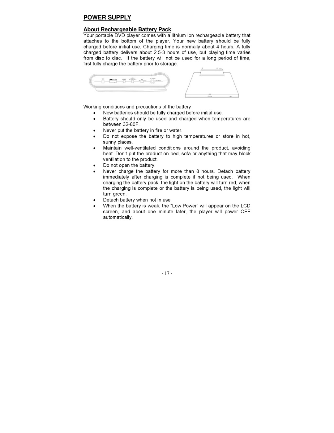 Audiovox D1750T owner manual Power Supply, About Rechargeable Battery Pack 