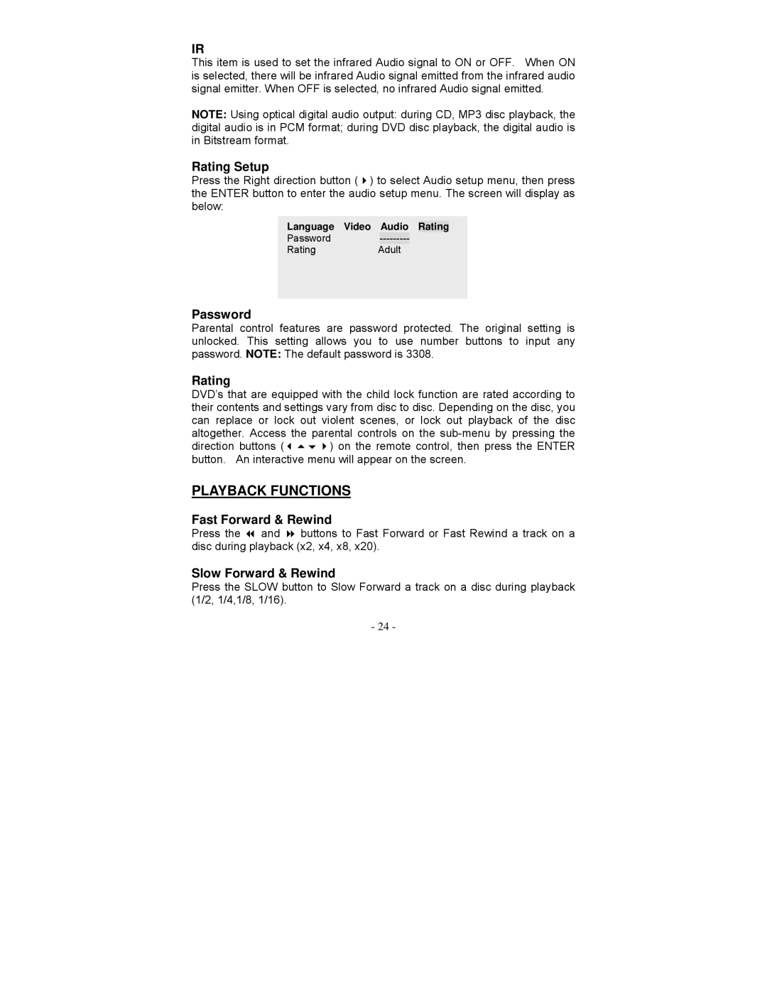 Audiovox D1750T owner manual Playback Functions 