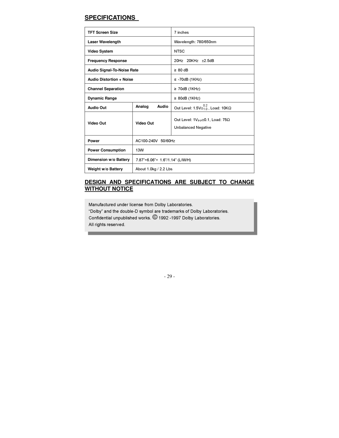 Audiovox D1750T owner manual Specifications, Manufactured under license from Dolby Laboratories 